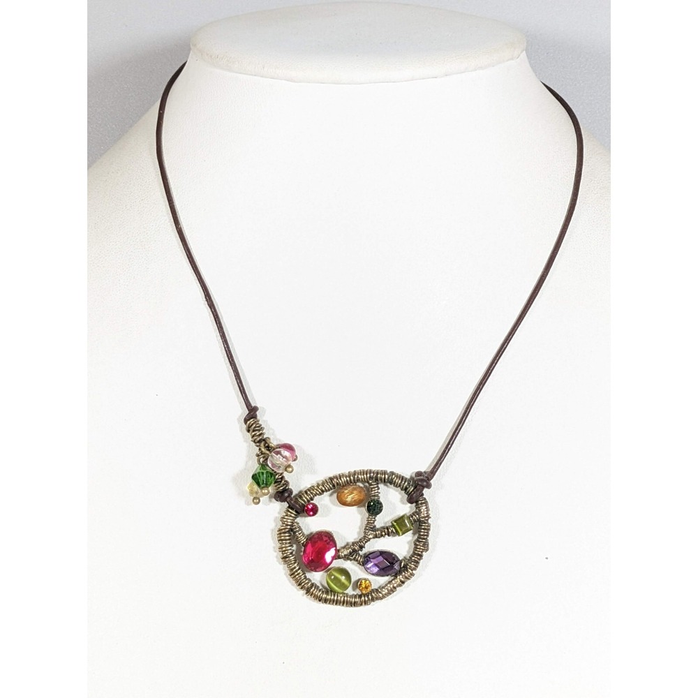 Bohm Gold Tone Multicolor‎ Crystal Pendant Brown Cord Necklace 20"